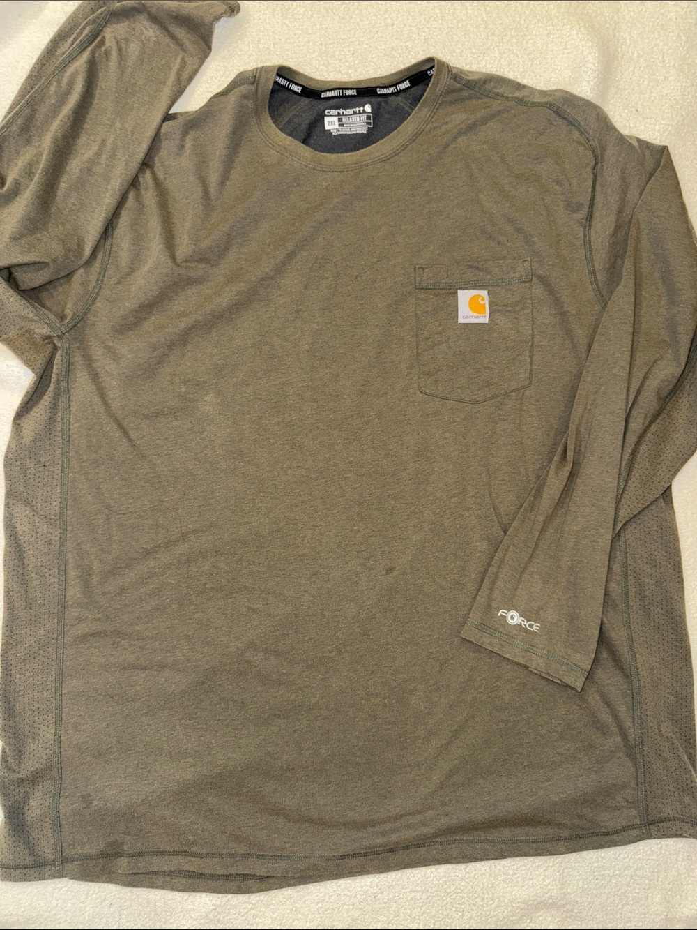 Carhartt Force Relaxed Fit Olive Green LongSleeve Pocket Tee with Logo Patch 2XL